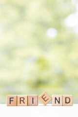 Friends word is written on wooden cubes on a green summer background Closeup of wooden elements