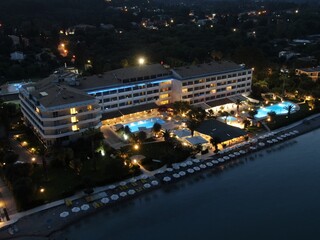 Aerial drone view of luxury Ikos hotel in corfu island Greece