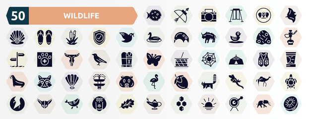 wildlife filled icons set. glyph icons such as puffer fish, manta ray, dove, anthill, crow, jaima tent, shell, red panda, fennec, hive icon.