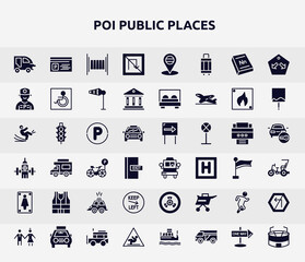 poi public places filled icons set. glyph icons such as autorickshaw, no turn, parking worker, parking hexagonal, bus front with driver, high visibility vest, keep left, running, wet floot