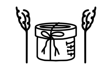 Gift box tied with ribbon, freehand drawing with black stroke, coloring for children