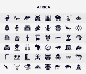 africa filled icons set. glyph icons such as ostrich, squirrel, pine tree, ankh, tumbleweed, desert, gerridae, safety glasses, cradle of humankind icon.