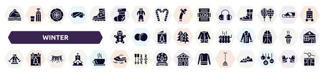 winter filled icons set. glyph icons such as winter cap, christmas sock, earmuffs, gingerbread man, heater, fur coat, lights, snowmobile, winter shovel icon.