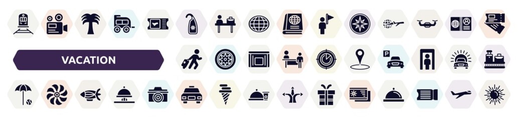 vacation filled icons set. glyph icons such as streetcar, hang, compass with cardinal points, traveler at the airport, place point, beach umbrella and beach ball, blimp, taxi frontal vehicle, beach