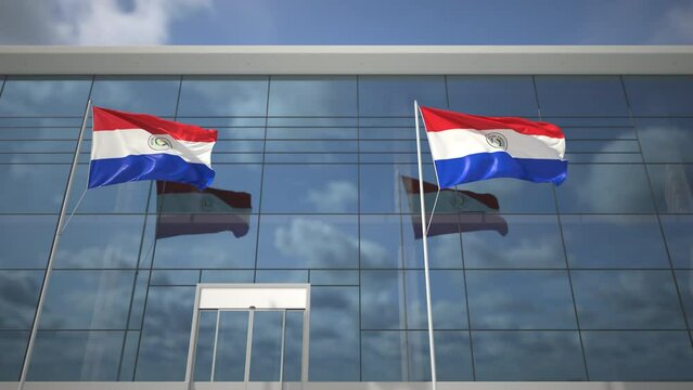 Taking off airliner and flags of Paraguay in the airport terminal. 3D animation