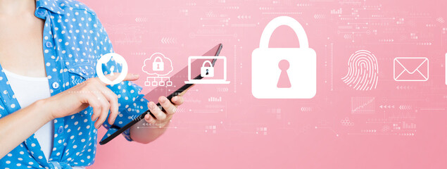 Internet network security concept with young woman using a tablet computer