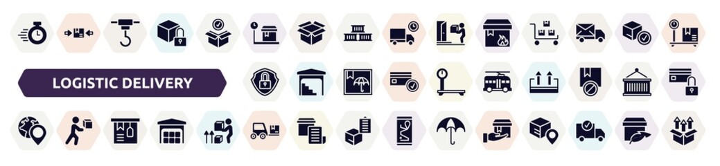 logistic delivery filled icons set. glyph icons such as delivery timer, weighting, flammable package, security, trolleybuses, worldwide pin, tagged package, trolley truck, delivering icon. - obrazy, fototapety, plakaty