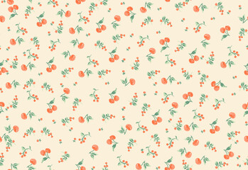 Floral pattern with little cherries and small flowers, perfect for textiles and decoration.