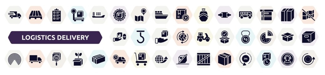logistics delivery filled icons set. glyph icons such as fast transport, certified packaging, clamp as indicated, cash on delivery, package for delivery, airdrop, scan package, logistics times,