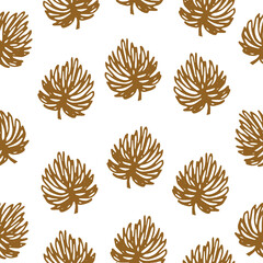 Seamless scandinavian pattern with cute doodle gold outline exotic leaves. Vector illustration.