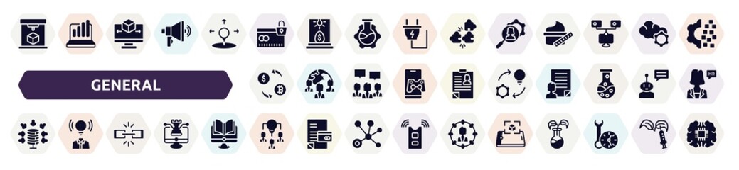 general filled icons set. glyph icons such as 3d printing, credit limit, hr services, crypto-exchange, implementation, data aggregation, chain, collaborative idea, ar presentation icon.