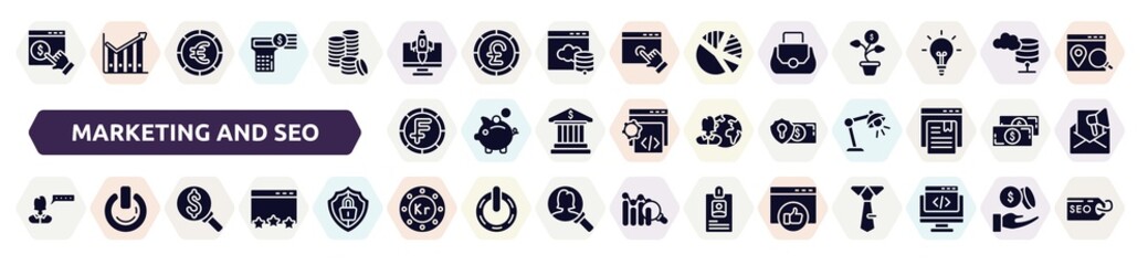 marketing and seo filled icons set. glyph icons such as monetizing, rocket launch monitor, women bag, swiss franc coin, currency security, user review, currency search, krone circular, favorite web,