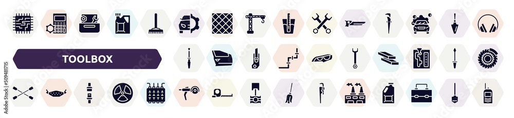 Wall mural toolbox filled icons set. glyph icons such as motherboard lines, car service, carpenter saw, repair screwdriver, repair wrench, lug wrench, seat belt, grinder, wastes icon.