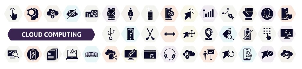 cloud computing filled icons set. glyph icons such as index finger cursor, smartphone with message, coverage level, usb, location tings, pc search, , file sharing on internet