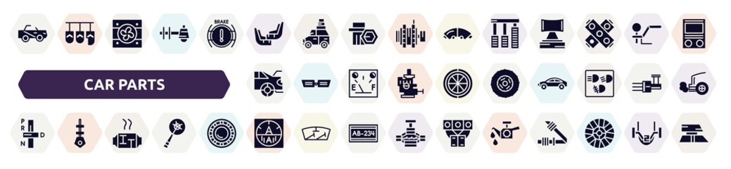 car parts filled icons set. glyph icons such as car soft top, car mud flap, accelerator, boot, clutch, transmission, catalytic converter, ammeter, oil pump icon.