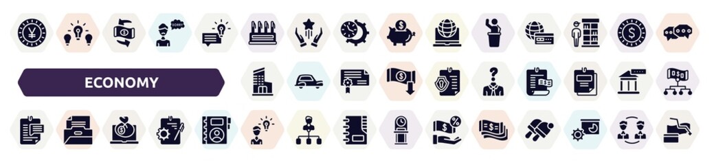 economy filled icons set. glyph icons such as yen, pen container, auctioneer, department, anonymity, enquiry, bank online, opinion, money flow icon.