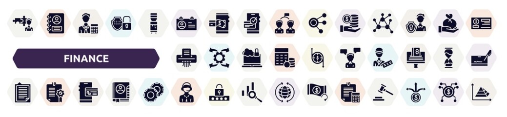 finance filled icons set. glyph icons such as cooperate, identification card, stack, paper shredder, consult, explanation, online banking, online support, estimate icon.