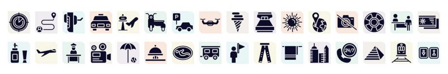 airport and travel filled icons set. glyph icons such as airplanes on radar, breathalyzer, sidecar, king size, no photos, aviation, camera recorder, nursing room, modern hotel icon.