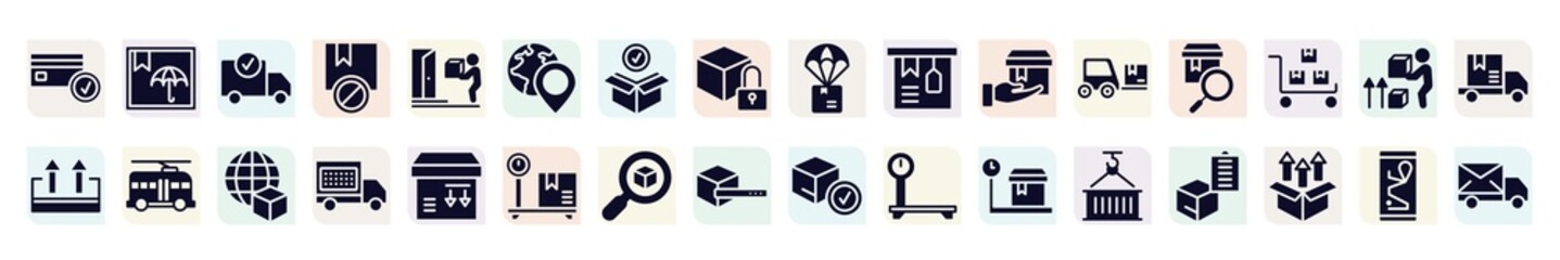 logistic delivery instructions filled icons set. glyph icons such as card check, delivery check, worldwide pin, tagged package, checking, trolleybuses, delivery date, search, use hook icon.
