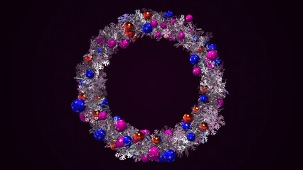 Abstract beautiful Christmas wreath consisting of white shimmering snowflakes and decorated by multicolored shiny balls of different sizes. Animation. Amazing Christmas animated background © Media Whale Stock