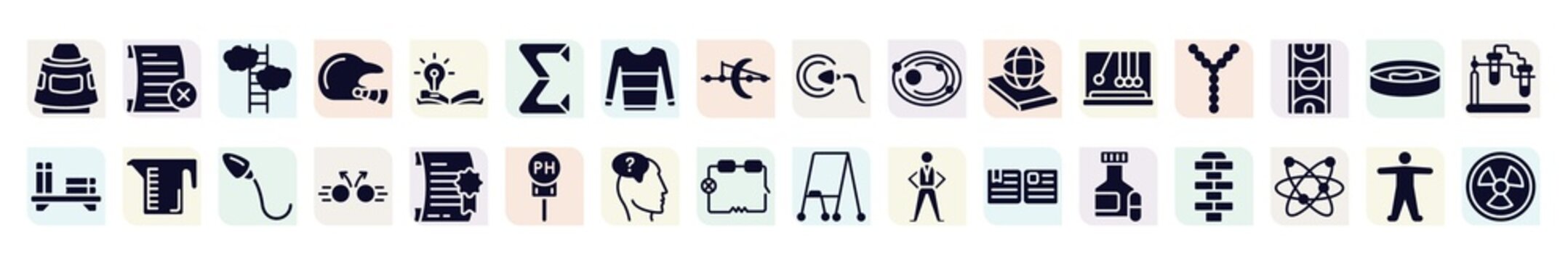 laboratory filled icons set. glyph icons such as space capsule, ascend, sigma, solar system, chromosome, measure cup, collision, doubt, pill jar icon.