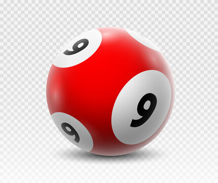 Lotto ball 9. Gambling, graphic elements for website. Stickers for social networks. Red ball with number nine, numbered objects. Colored and bright sphere. Realistic isometric vector illustration