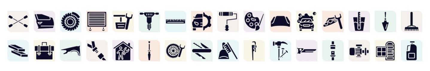 Fototapeta premium toolbox filled icons set. glyph icons such as lug wrench, brake disc, hydraulic breaker, pallete, headlight, businessman portfolio, seatbelt, winter tires, carpenter saw icon.