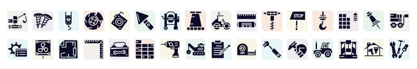 constructicons filled icons set. glyph icons such as digger, pulley hook, construction palette, rule and level, constructions, vent, angle ruler, electroscrew, hammer in hand icon.