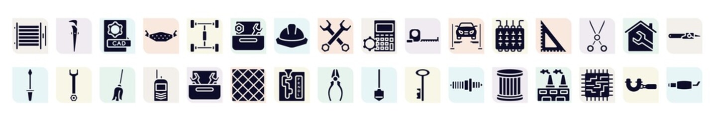 Naklejka premium car repair filled icons set. glyph icons such as condenser, cad, wrench and nut, open scale, , repair wrench, portable radio, automatic transmission, oil filter icon.