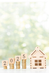 Wooden cube block 2025 number, New Year concept, new house, plan for future on green summer background.