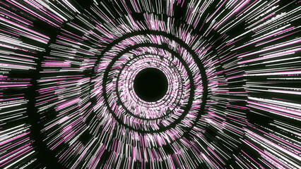 Space travelling through a wormhole with the speed of light. Animation. Flying through an abstract space tunnel into the complete space darkness.