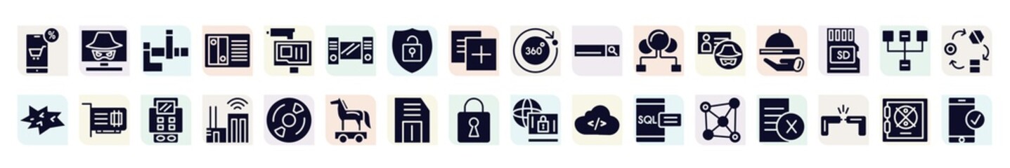 computer filled icons set. glyph icons such as mobile shop, , workstation, search bar, hotel service, network interface card, smart city, floppy, network connection icon.