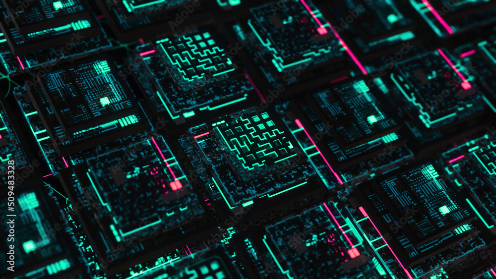 Poster neon boards in computer. animation. beautiful 3d neon boards in computer cyber space. illuminated me