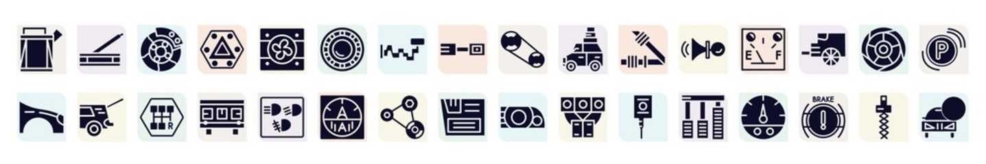 car parts filled icons set. glyph icons such as car petrol tank, car brake, bearing, luggage rack, petrol gauge, taiate, cylinder head, fan belt, accelerator icon.