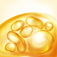 Illustration with beautiful realistic air bubbles with bright glare, floating in water or other liquid, in yellow color