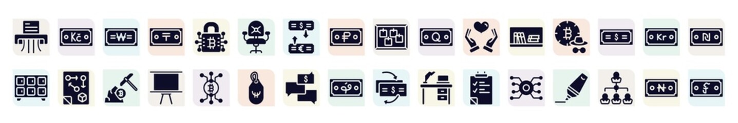 currency filled icons set. glyph icons such as shredder, won, desk chair, quetzal, incognito, tactical, board stand, money talk, circuit icon.