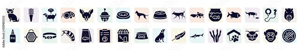 Wall mural pet shop filled icons set. glyph icons such as cat toy, pet disease, sleighbell, dog running, big piranha, cat box, big shrimp, pet grooming, aae icon.