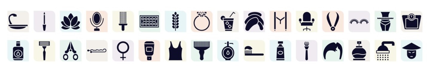 beauty filled icons set. glyph icons such as hair wash sink, lily, paints, head towel, pluck, shaving razor, hair pin, tank top, make icon.