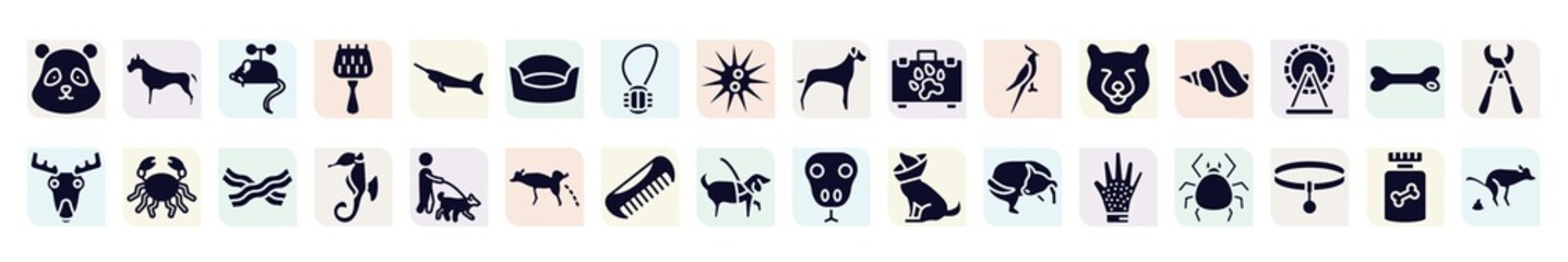 dog and training filled icons set. glyph icons such as panda bear head, toy mouse, cat bed, pet first aid, conch, big crab, sea horse, pet comb, grooming glove icon.
