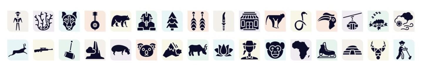 in the zoo filled icons set. glyph icons such as trainer, siberian husky, sphinx, gift shop, hornbill, rifle, pico cao, avalanche, africa icon.