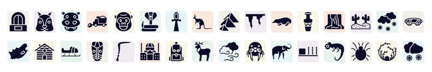 winter nature filled icons set. glyph icons such as ticket office, hippopotamus, cobra, icicle, waterfall, cabin, african mask, backpack, apartheid museum icon.