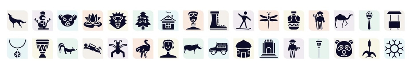 winter nature filled icons set. glyph icons such as wolf, lemur, pine tree, snowboard, zoo keeper, drum, diving, african man, explorer icon.