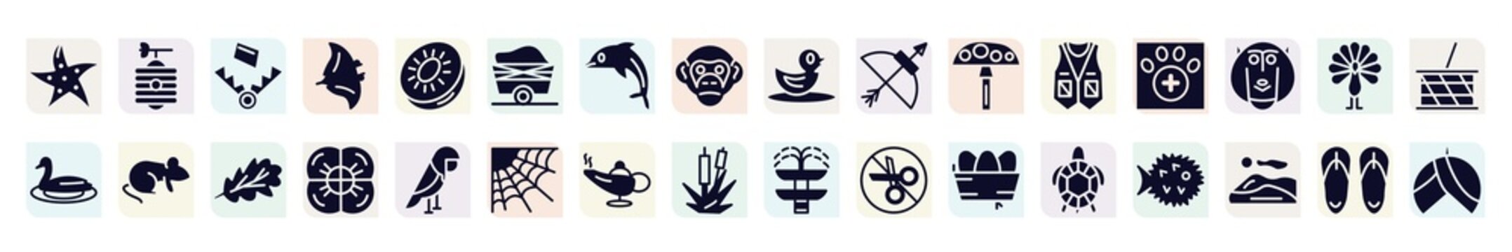 desert filled icons set. glyph icons such as starfish, trap, wagon, bow and arrow, veterinarian, rat, poppy, magic lamp, tortoise icon.