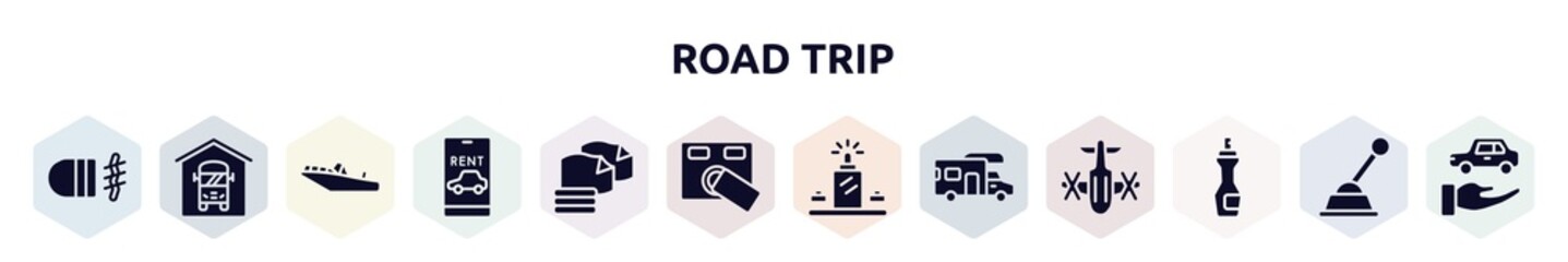 road trip filled icons set. glyph icons such as fog lamp, bus depot, motorboat, rent a car, microfiber, access control, luggage scan, rv, insect repellent icon.