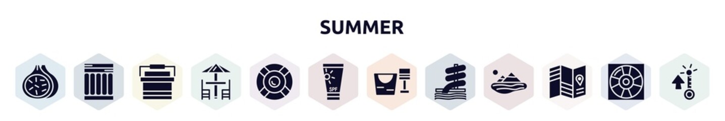 summer filled icons set. glyph icons such as fig, air mattress, portable fridge, terrace, rubber ring, sunscreen, sand bucket and shovel, aqua park, travel guide icon.