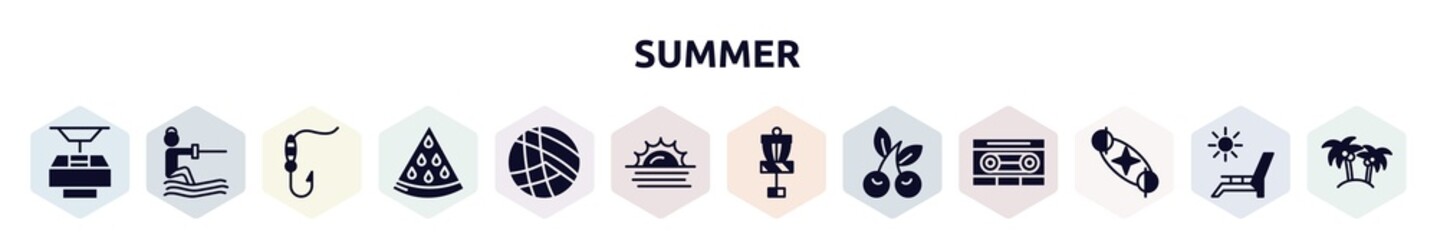 summer filled icons set. glyph icons such as funicular, waterski, fish and hook, slice of melon, beach volleyball, sun at sea, disc golf, cherries, solstice icon.