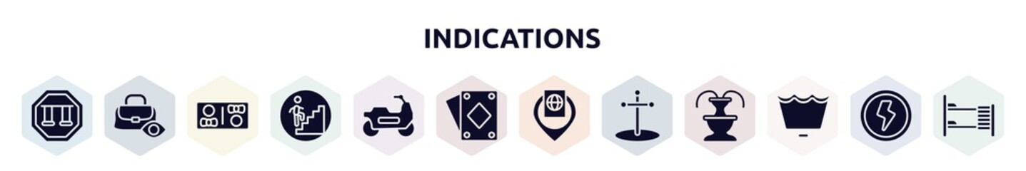 indications filled icons set. glyph icons such as swings, watch your belongings, restroom, walking up stair, motorbike riding, , inmigration check point, cross stuck in ground, wash cycle permanent