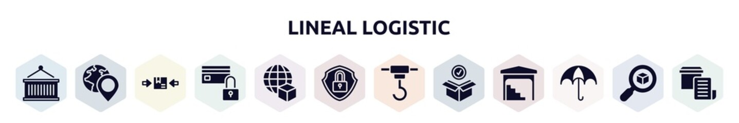 lineal logistic filled icons set. glyph icons such as lift package, worldwide pin, use clamps, card blocked, worldwide delivery, security, container hanging, package checking, wet protect