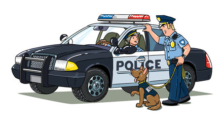 Police officers and police car. Vector cartoon