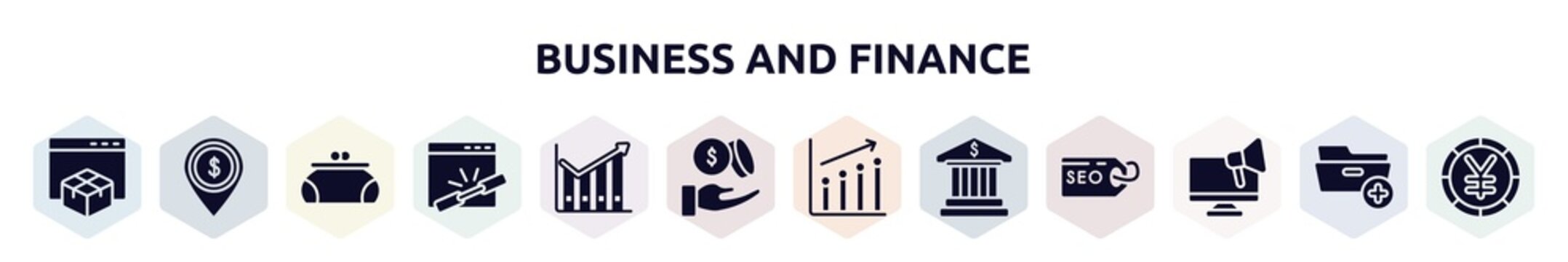 business and finance filled icons set. glyph icons such as web package, dollar spot, women puser, add link, profit chart, dollar coins and hand, seo performance, bank building, responsive marketing,